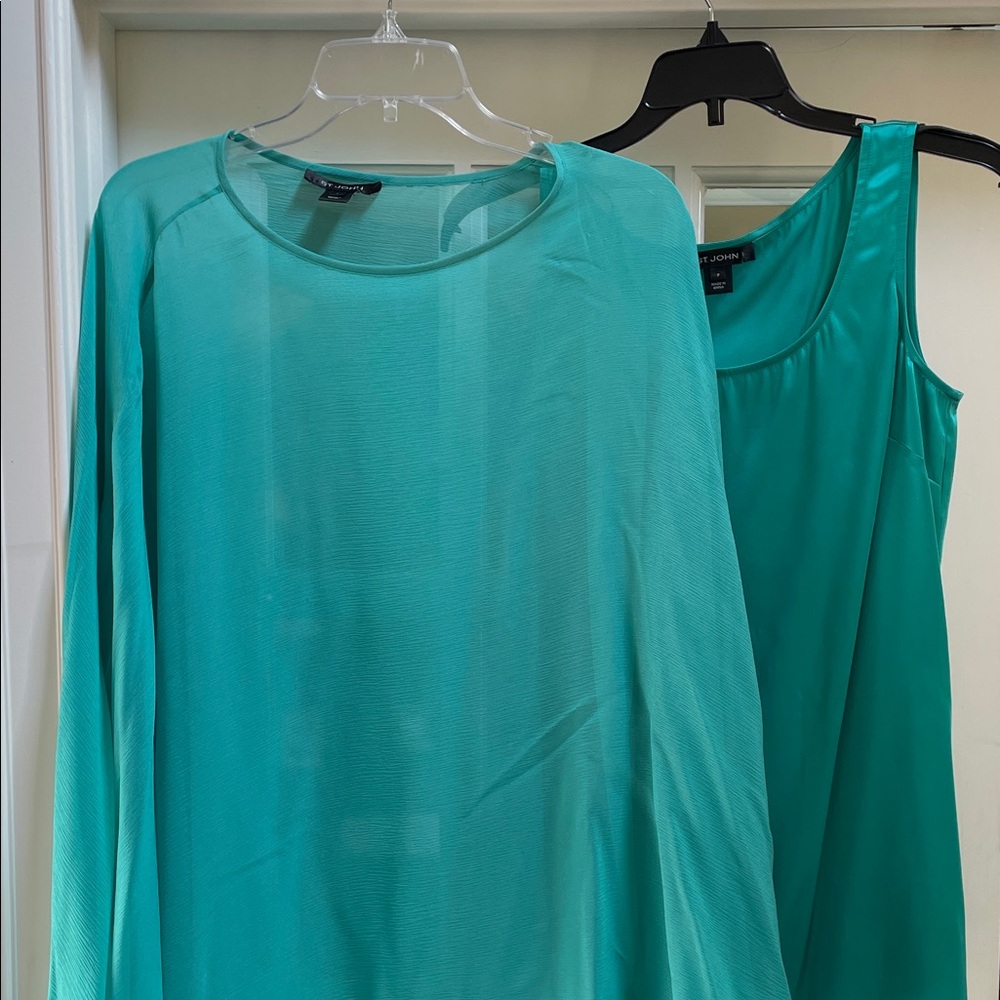 St. John Teal Sheer Chiffon Cape and Silk Camisole (2pc) - Picture 3 of 12